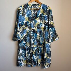 Shannon Passero Tropical Leaf Print Tiered Ruffle V-Neck Swing Dress Women's M
